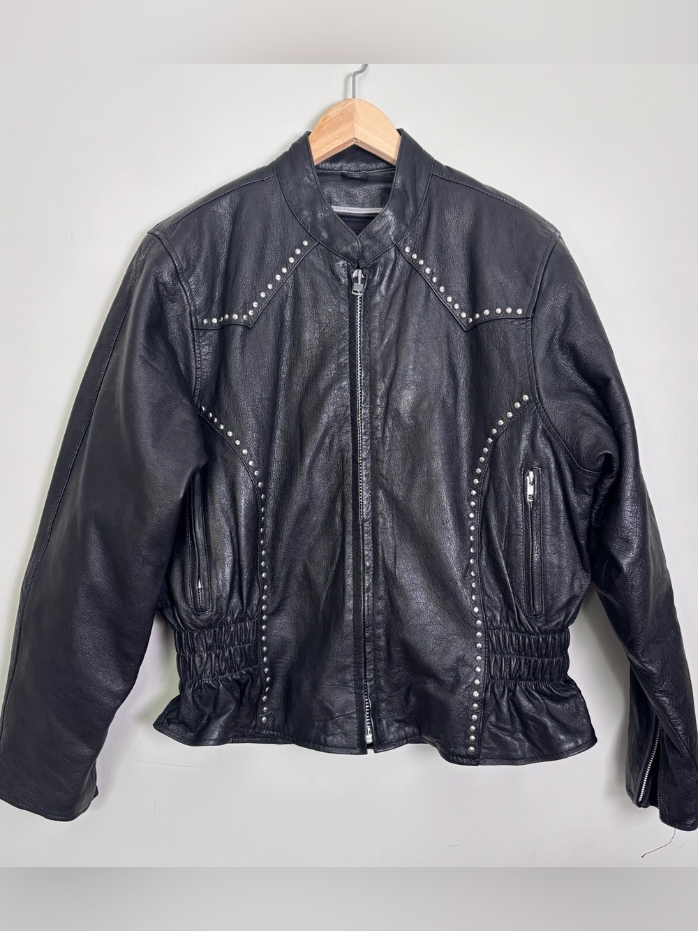 VTG 80s UNIK Black Leather Motorcycle Jacket-Studded-Peplum-Lined-Women's 2XL